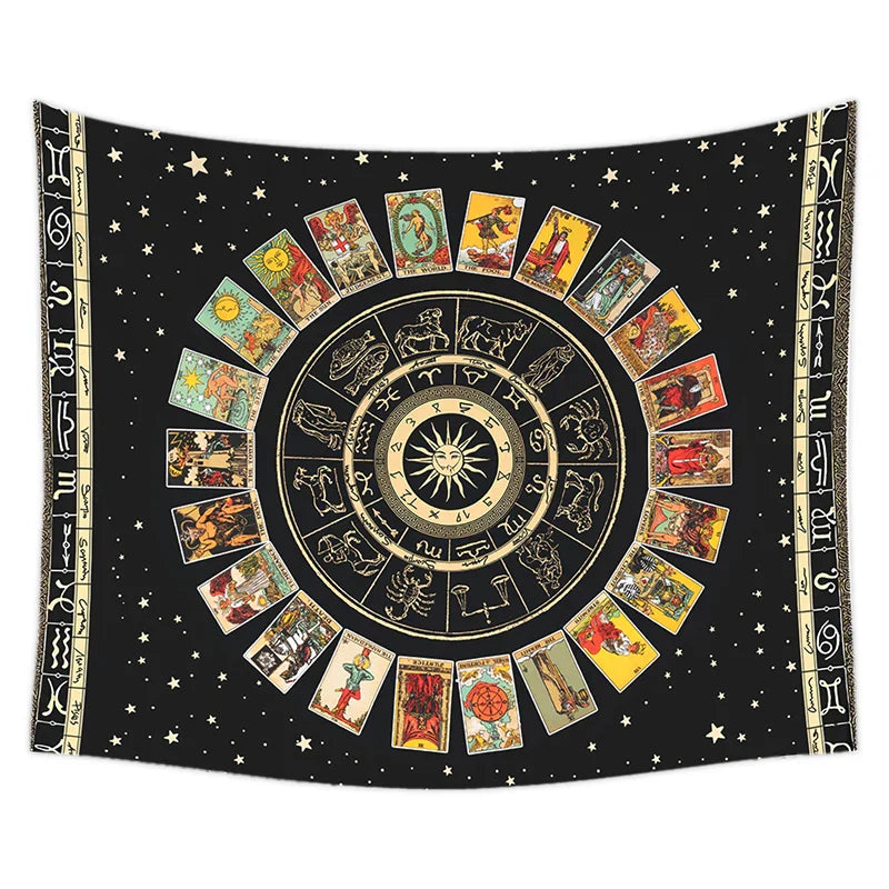 Decobites Tarot Card Tapestry: Zodiac Wheel & Major Arcana Sun Moon Wall Hanging