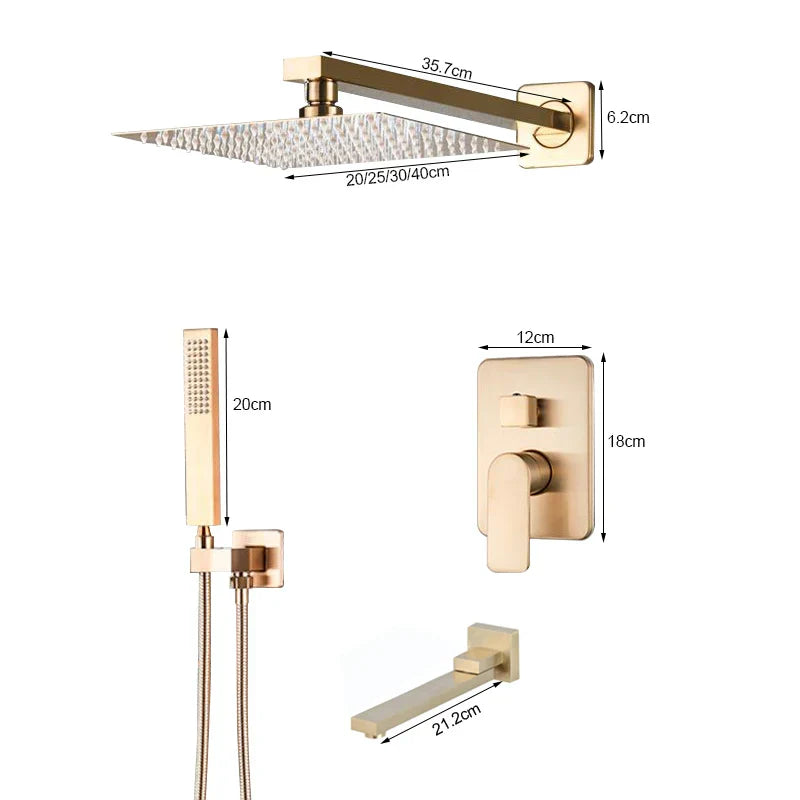 Grifo de ducha tipo lluvia ultrafino DecorBites™ en oro cepillado con montaje en pared y cabezal de 8" a 16".