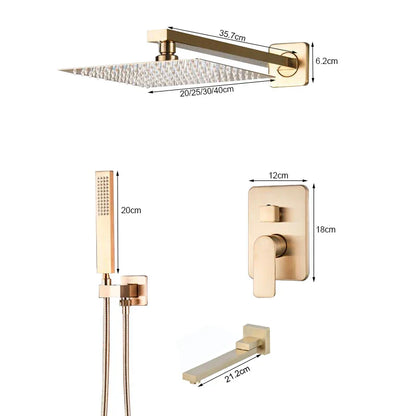 Grifo de ducha tipo lluvia ultrafino DecorBites™ en oro cepillado con montaje en pared y cabezal de 8" a 16".