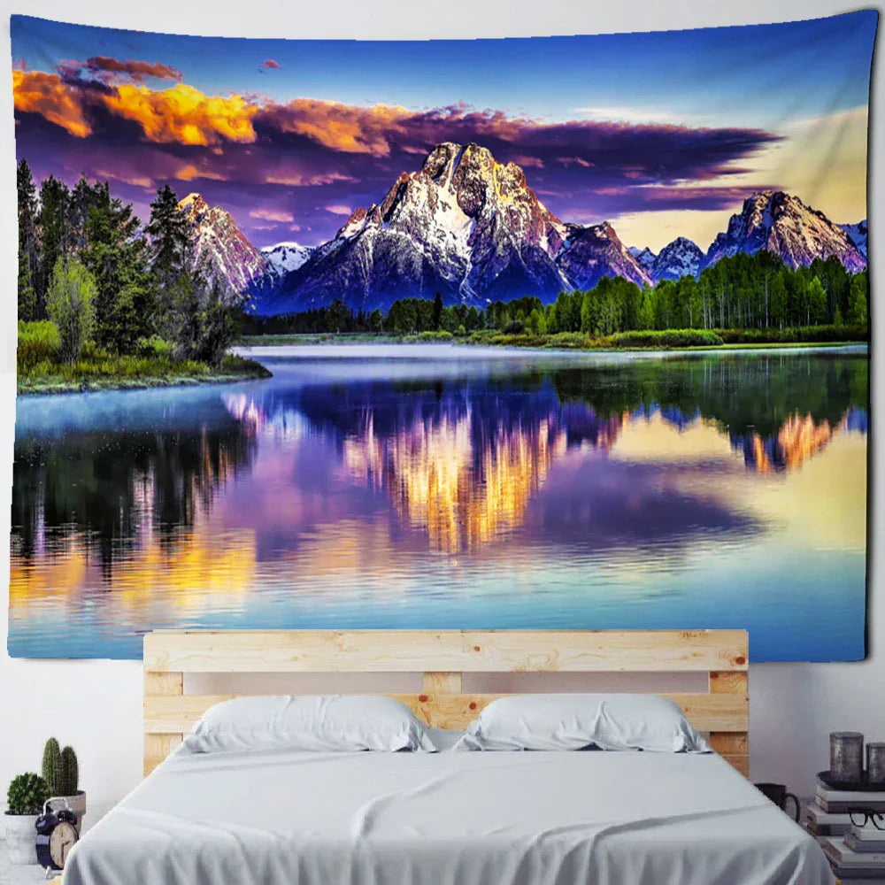 Decobites Sunrise Mountains Rivers Tapestry Wall Hanging Psychedelic Home Decor