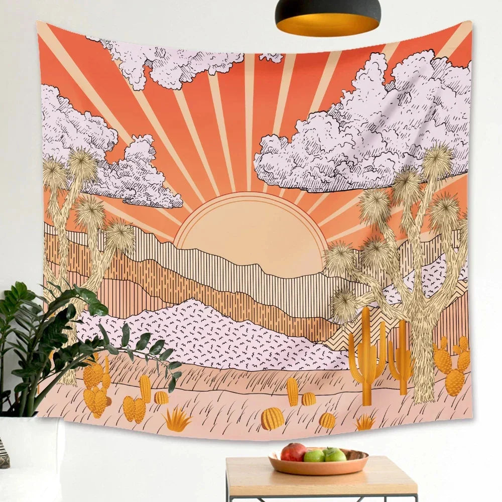 Decobites Mountain Sun Tapestry Sunrise Tree Cactus Wall Hanging Psychedelic Landscape Decor