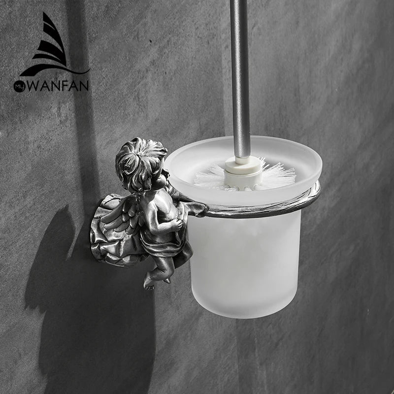 DecorBites™ Classic Angel Brass Toilet Brush and Holder Set for Bathroom