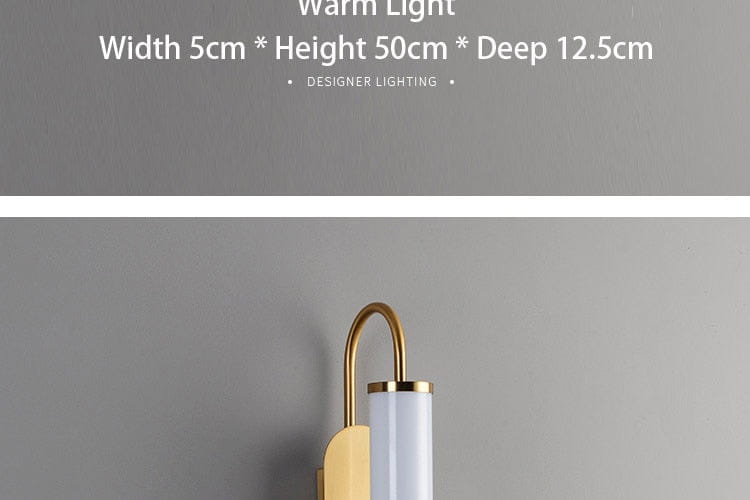 gold-toned minimalist led wall lamp featuring a frosted glass cylindrical shade and a curved metal arm designed for modern bedroom lighting.