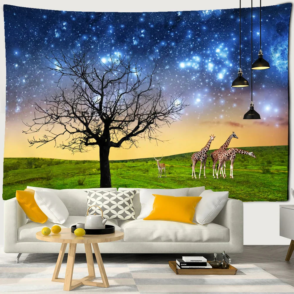 Decobites Starry Sky Deer Tapestry Wall Hanging Night View Home Decor