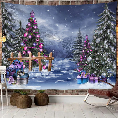 Decobites Christmas Woods Snow Scene Tapestry Wall Hanging - Elk Bohemian Style Bed Curtain Home Decor