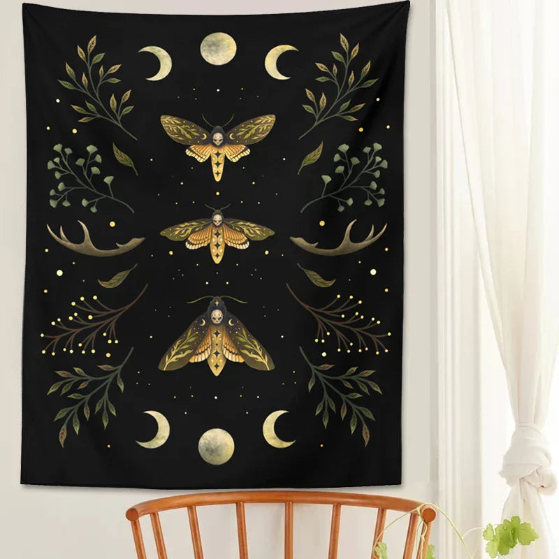 Decobites Moon Phase Wall Hanging Tapestry in Olive Leaf Green & Black - Boho Room Decor