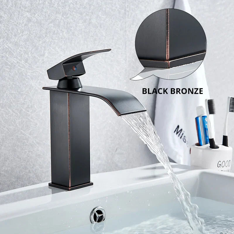 DecorBites™ Black Brass Bathroom Waterfall Sink Faucet Hot&Cold Mixer Vanity Tap Deck Mounted