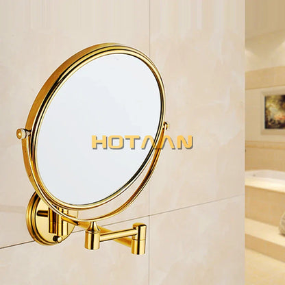 DecorBites™ Gold Brass Wall Mounted Double Cosmetic Mirror 8 Inch, 1:1 and 1:3 Magnification