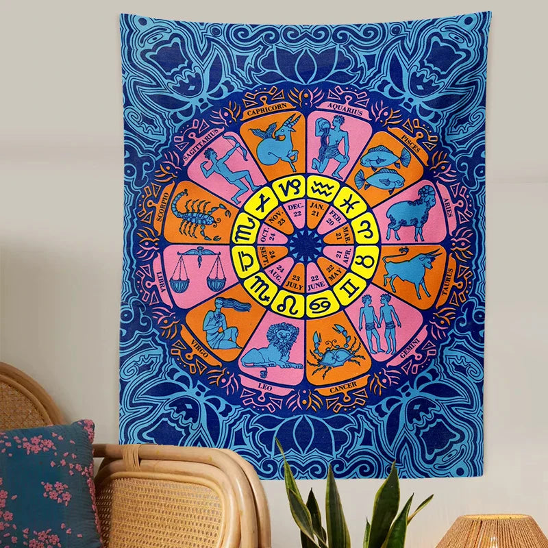 Decobites Zodiac Wheel Tarot Tapestry: Hippie Boho Wall Art for Astrology & Witchcraft