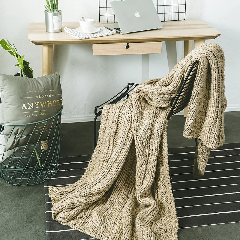 Manta de lana tejida gruesa en beige caqui Decorbites™