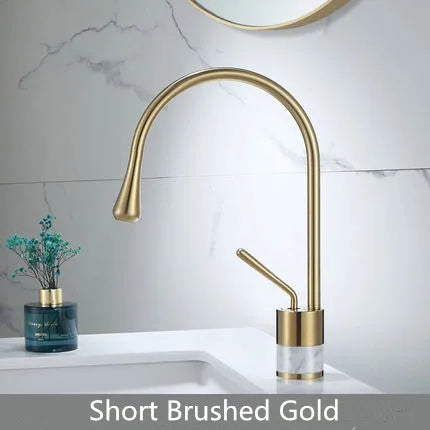 DecorBites™ Brushed Gold Brass & Marble Bathroom Sink Faucet
