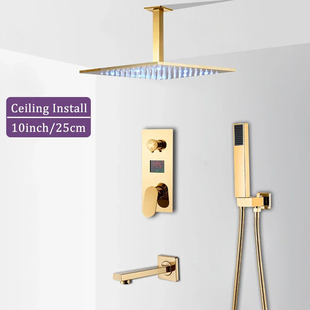 Decorbites™ Grifo de Ducha de Lluvia con Pantalla Digital de 12" en Oro y Control de Palanca Única
