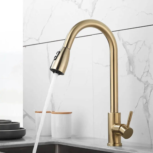 DecorBites™ Brushed Gold Kitchen Faucet Single Handle Pull Out Swivel Mixer Tap