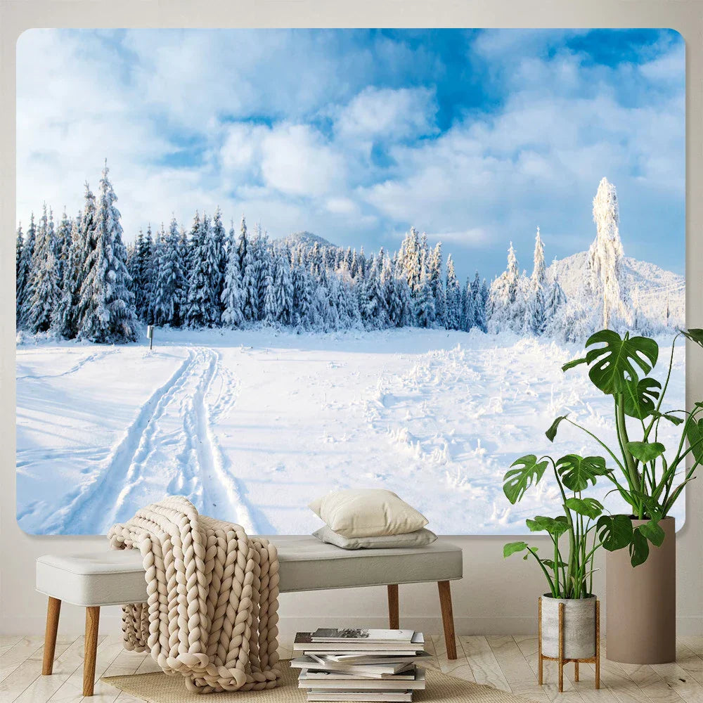 Decobites Christmas Snow Forest Tapestry: Bohemian Bedroom Wall Decoration