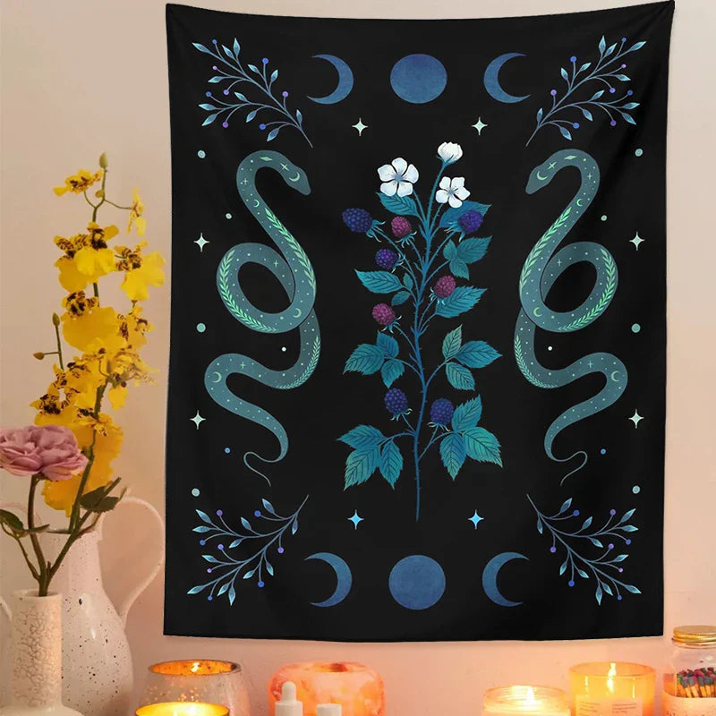 Decobites Moon Phase Wall Hanging Tapestry in Olive Leaf Green & Black - Boho Room Decor