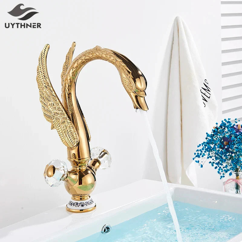 DecorBites™ Gold Swan Basin Faucet: Deck Mounted Bathroom Mixer Tap with Hot and Cold Water