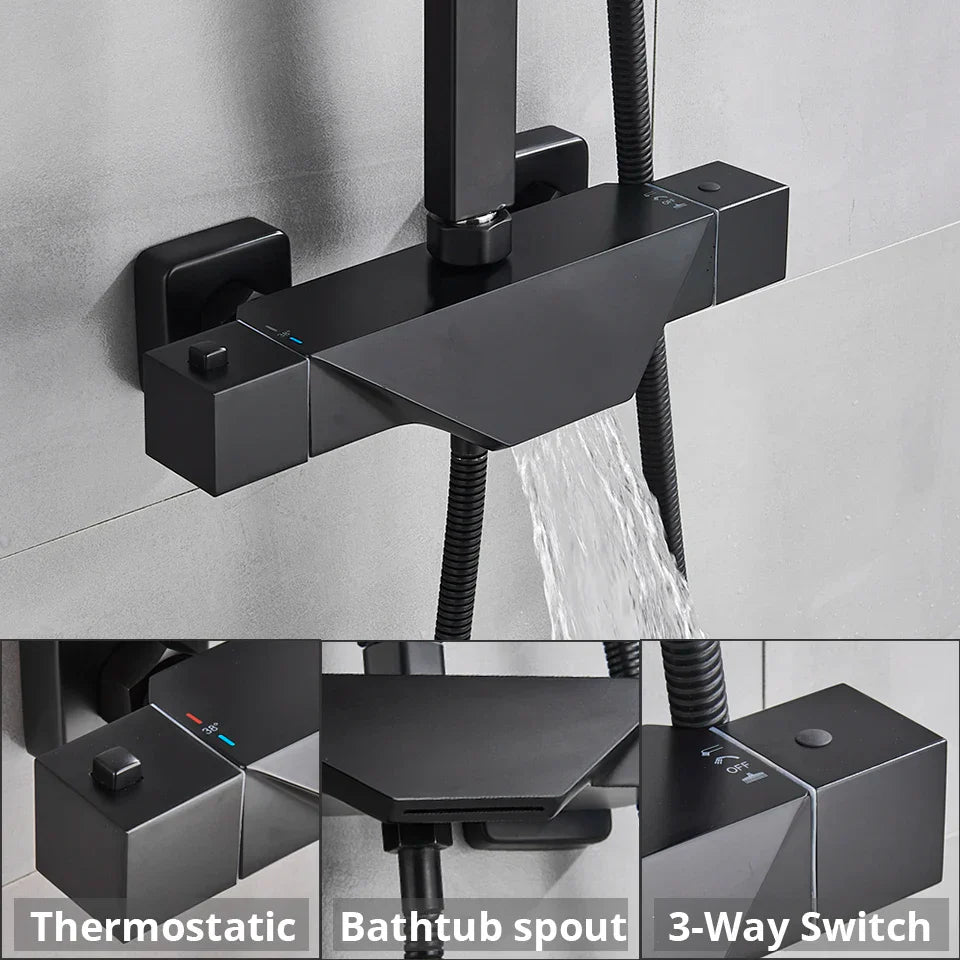DecorBites™ Black Thermostatic Rain Shower Faucet Set for Wall Mounted Bathrooms