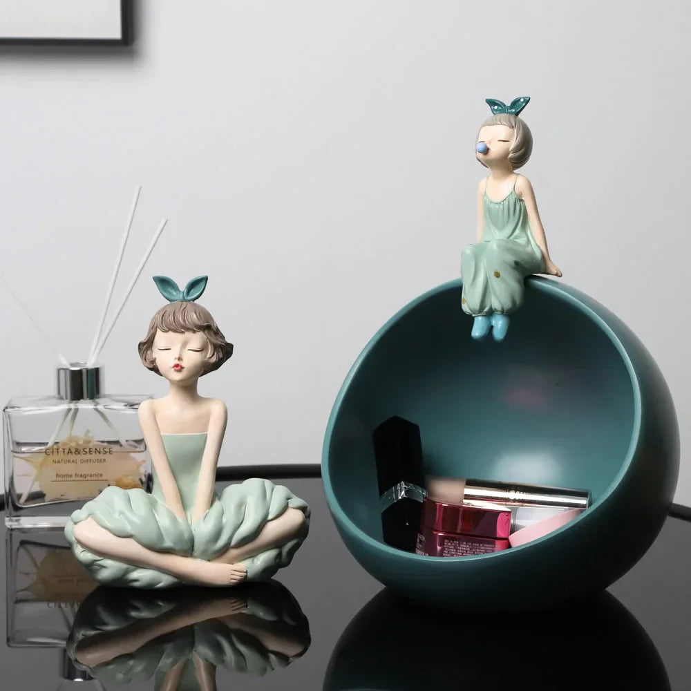 DecorBites™ Bowknot Girl Figurine: Modern Nordic Character Sculpture with Storage Box