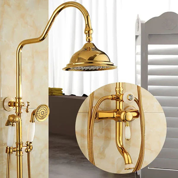 DecorBites™ Gold Brass Jade Bath Shower Set Wall Mounted Rainfall Hand Shower Faucet
