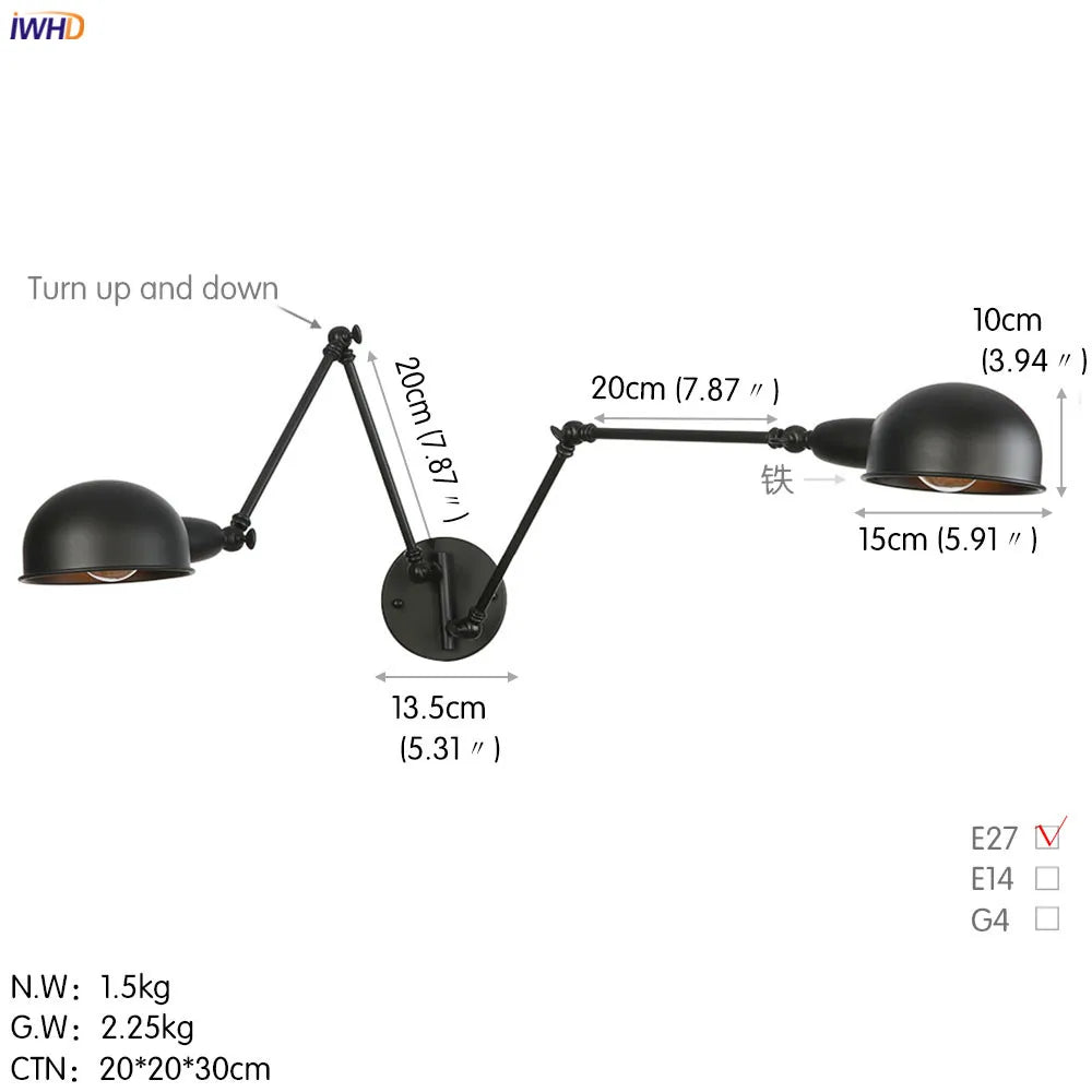 DecorBites™ Loft Antique Edison 3-Head Black Wall Sconce Swing Arm Light