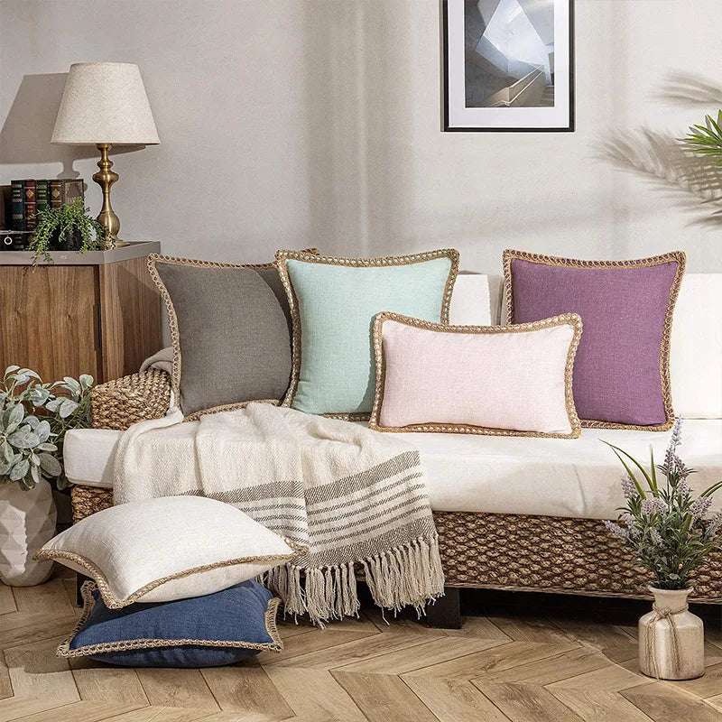 Decorbites™ Funda de Almohada Abrazable en Forma de Hoja de Loto con Bordes de Cuerda de Cáñamo - Mediana en Algodón Lino