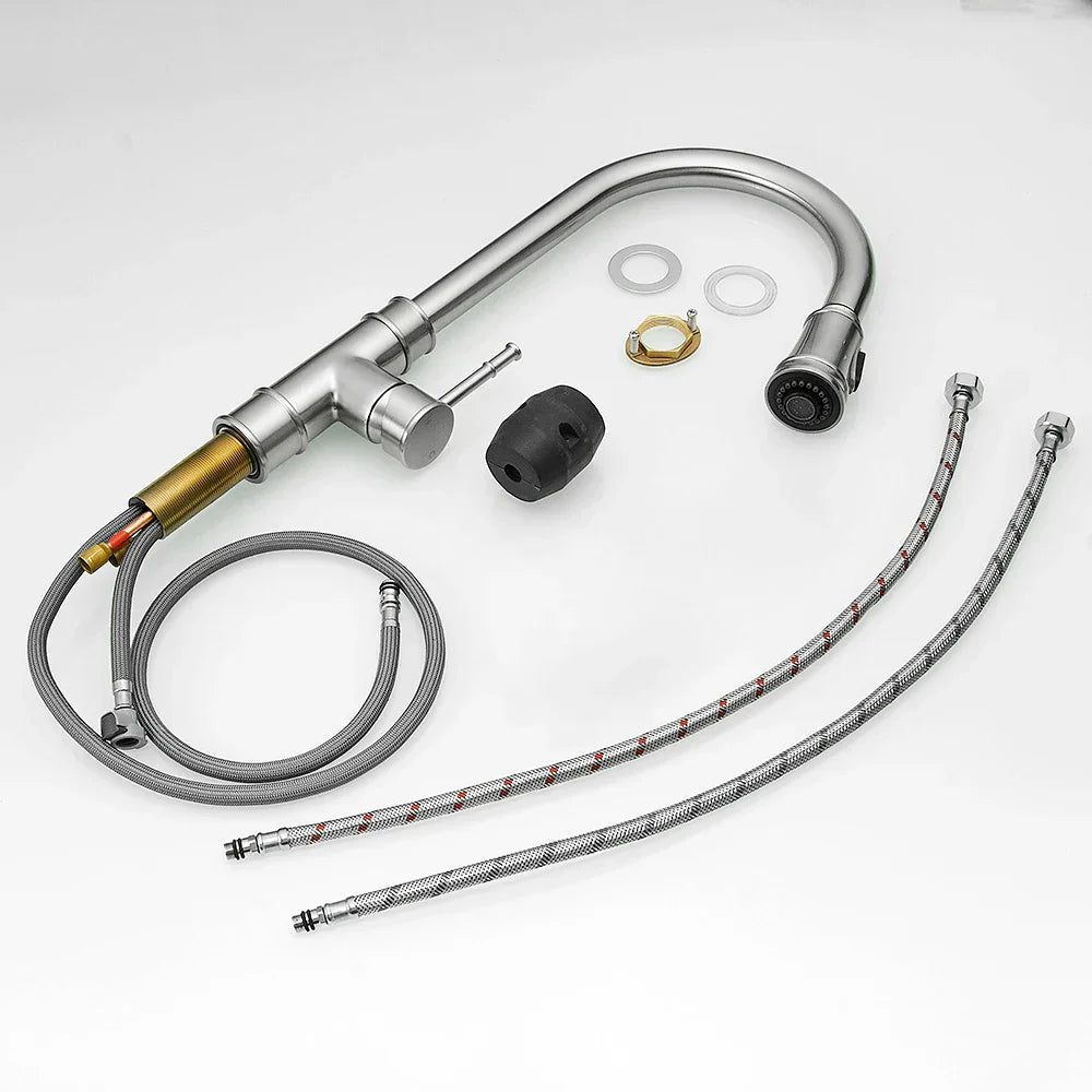 صنبور مطبخ أسود بمقبض واحد قابل للسحب من DecorBites™، صنبور خلاط مياه دوار بزاوية 360 درجة