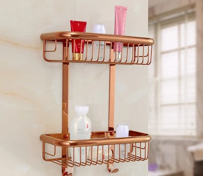 DecorBites™ Gold Brass Bathroom Shelf with Towel Hanger, Shampoo Holder, and Basket