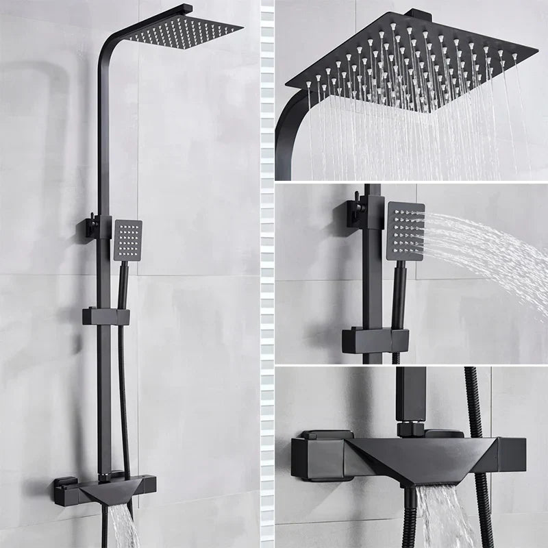 DecorBites™ Black Thermostatic Rain Shower Faucet Set for Wall Mounted Bathrooms
