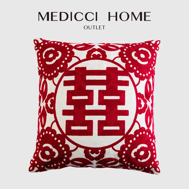 DecorBites™ Double Happiness Embroidered Red Traditional Lumbar Pillow Cases 45x45cm