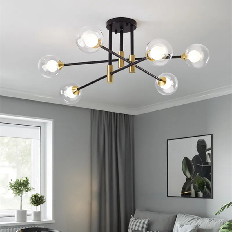 DecorBites™ Black & Gold LED Chandelier: Modern E27 Glass Ball Lamp for Home Lighting