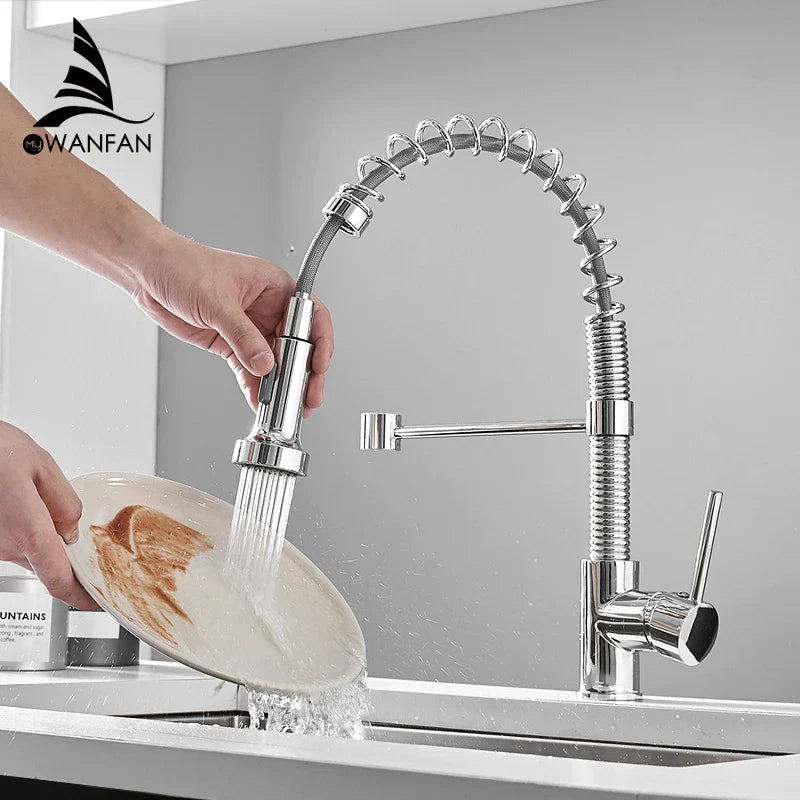 DecorBites™ Brush Brass Kitchen Faucet Single Lever Pull Out Spring Spout Mixer Tap