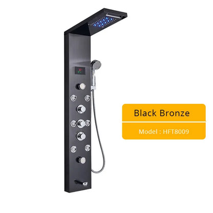 Grifo con panel de ducha y luz LED DecorBites™ con cabezal de ducha tipo cascada y chorros de masaje