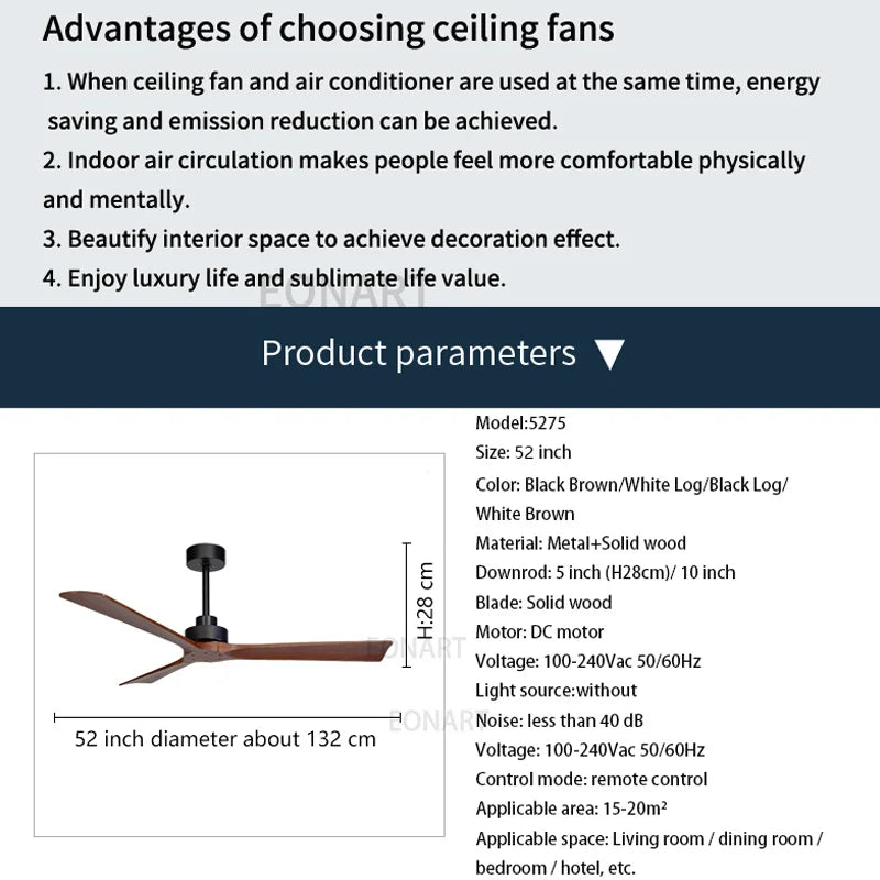 DecorBites™ Black Wooden Ceiling Fan Modern Solidwood Remote Control 52" No Light