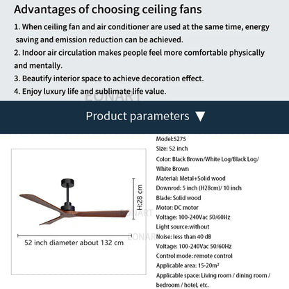 DecorBites™ Black Wooden Ceiling Fan Modern Solidwood Remote Control 52" No Light
