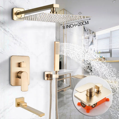 Juego de grifería para ducha tipo lluvia DecorBites™ Golden de 8" con teleducha - Grifo mezclador de lujo para montaje en pared
