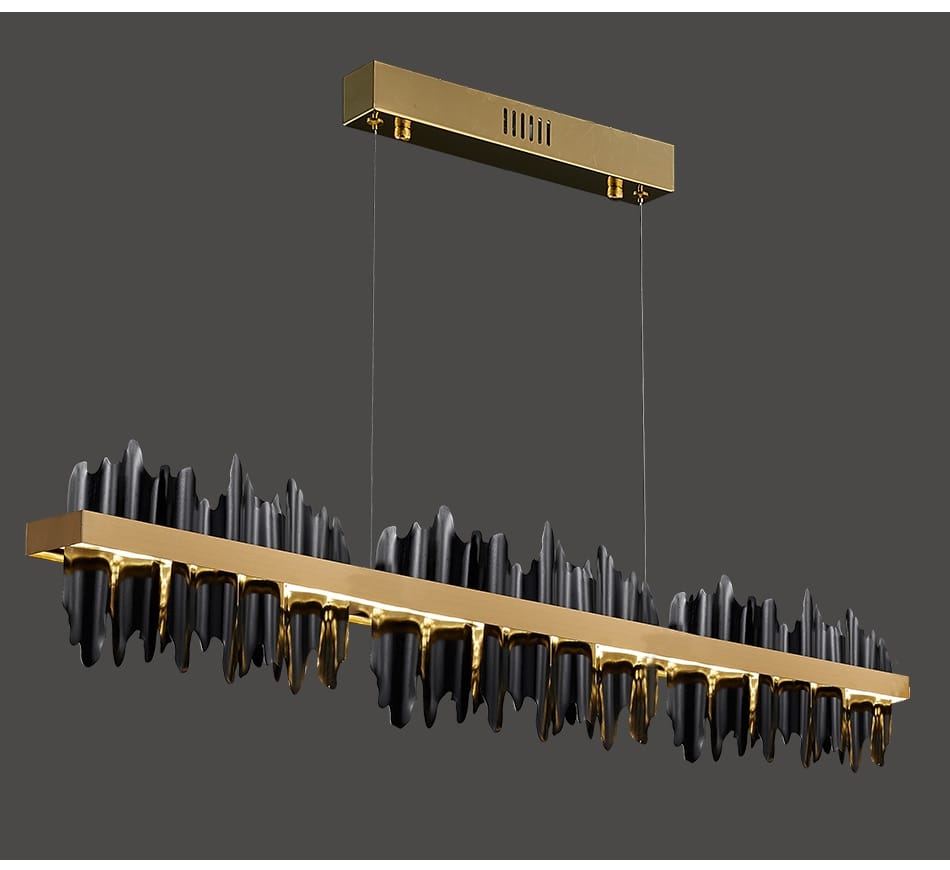 Modern gold and black iceberg led chandelier lighting for dining room featuring a sleek geometric design with cascading vertical elements.