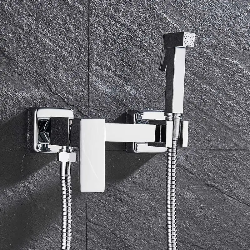 DecorBites™ Brass Bidet Faucet: Cold Hot Water Mixer, Square Shower Sprayer Head, Toilet Tap