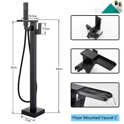 DecorBites™ Matte Black Waterfall Bathtub Shower Faucet, Floor Standing Hot Cold Mixer Tap