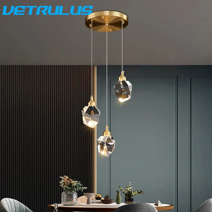 DecorBites™ Diamond Crystal LED Chandelier, Brass Ceiling Pendant Light for Dining Room