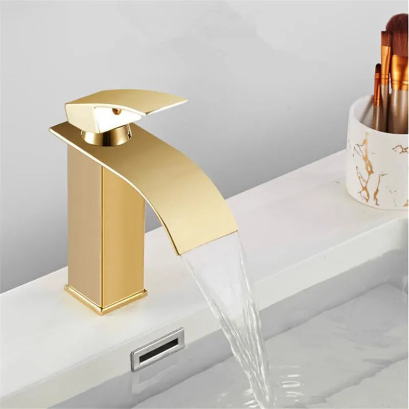 DecorBites™ Gold Waterfall Basin Faucet: Brass Bathroom Mixer Tap, Hot Cold Sink Faucet