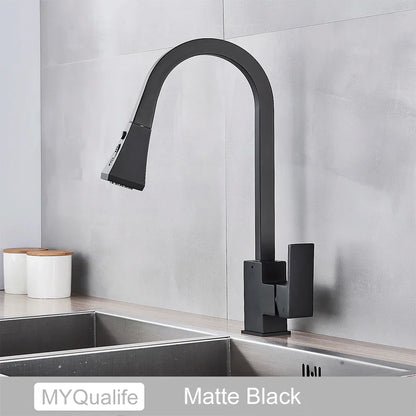 DecorBites™ Black Kitchen Faucet Pull Out Mixer Square Single Handle Deck Mounted Tap
