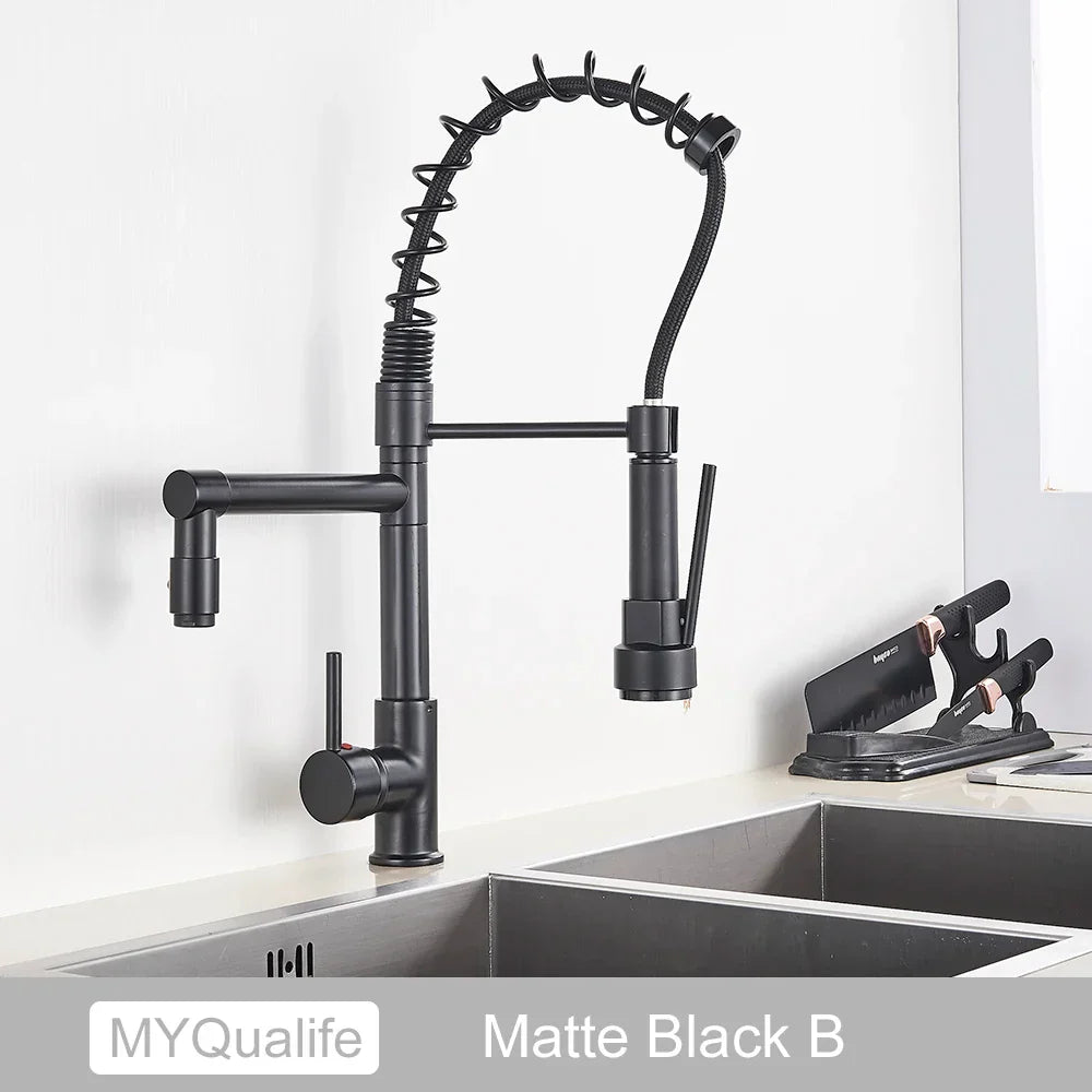 DecorBites™ Dual Spout Kitchen Sink Faucet - Matte Black Finish, Deck Mount Spring Mixer