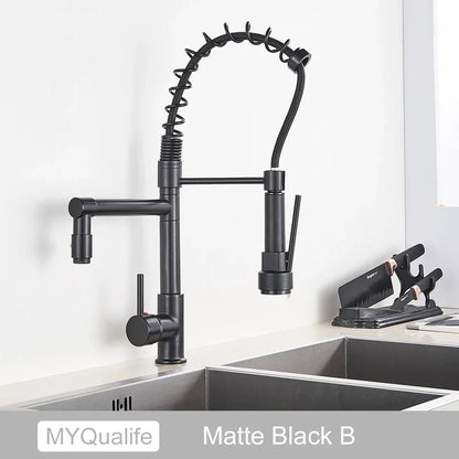 DecorBites™ Dual Spout Kitchen Sink Faucet - Matte Black Finish, Deck Mount Spring Mixer