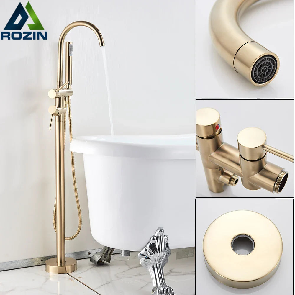DecorBites™ Brushed Gold Freestanding Bathtub Shower Mixer with Handshower