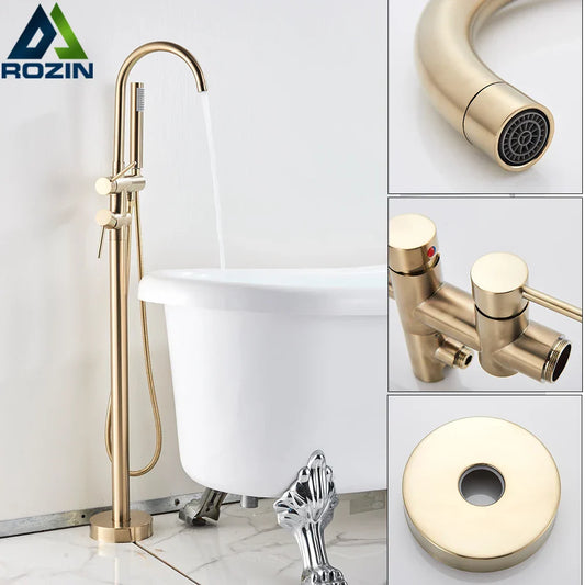 DecorBites™ Brushed Gold Freestanding Bathtub Shower Mixer with Handshower