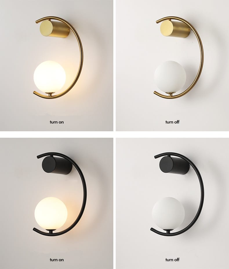 Modern gold luxury creative led bedside wall lamp featuring a crescent-shaped matte metal frame and frosted glass globe available in gold or black finishes for elegant bedroom use.