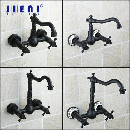 DecorBites™ Black Swivel Wall Mounted Bathroom Faucet with Ceramic Base - 2 Handles