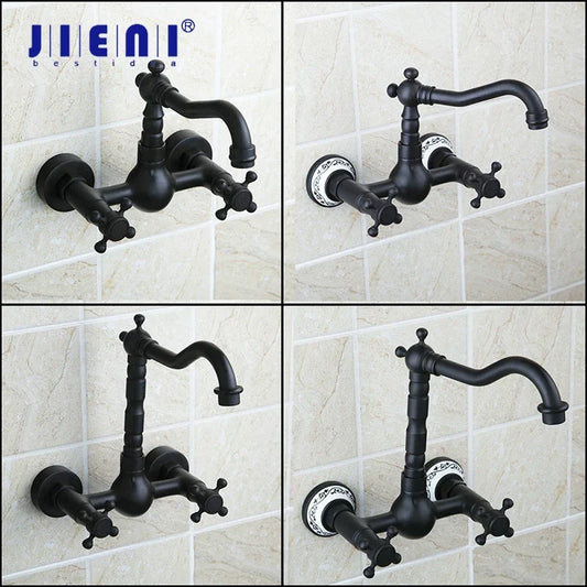 DecorBites™ Black Swivel Wall Mounted Bathroom Faucet with Ceramic Base - 2 Handles