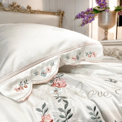 Decobites White Flower Embroidery Lyocell Bedding Set, Queen/King Duvet, Sheet, Pillowcases