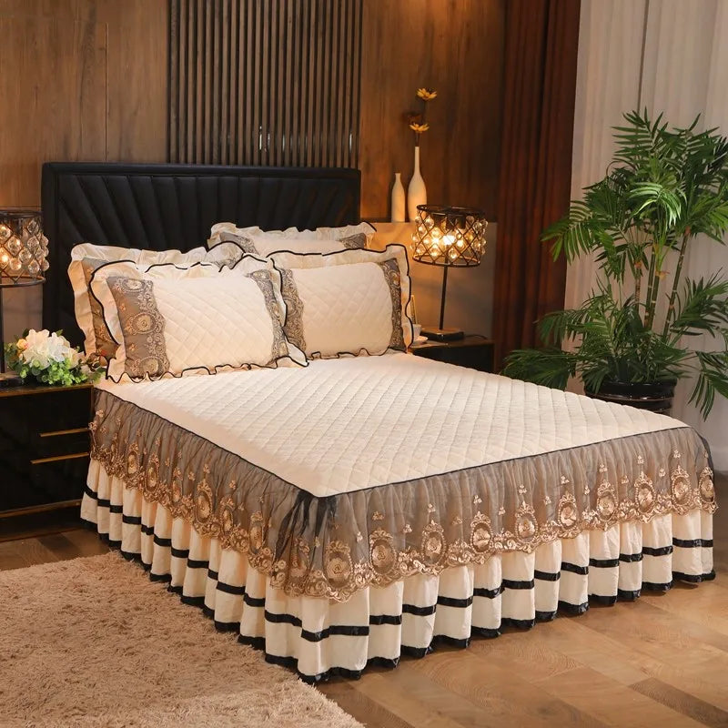 Decobites Crystal Velvet Bedspread Set with Super Soft Quilting & Lace Bedskirt